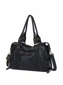 全新设计女士手提包水洗皮革托特包大容量钱包复古女士单肩包 - 黑色 - 查看 1