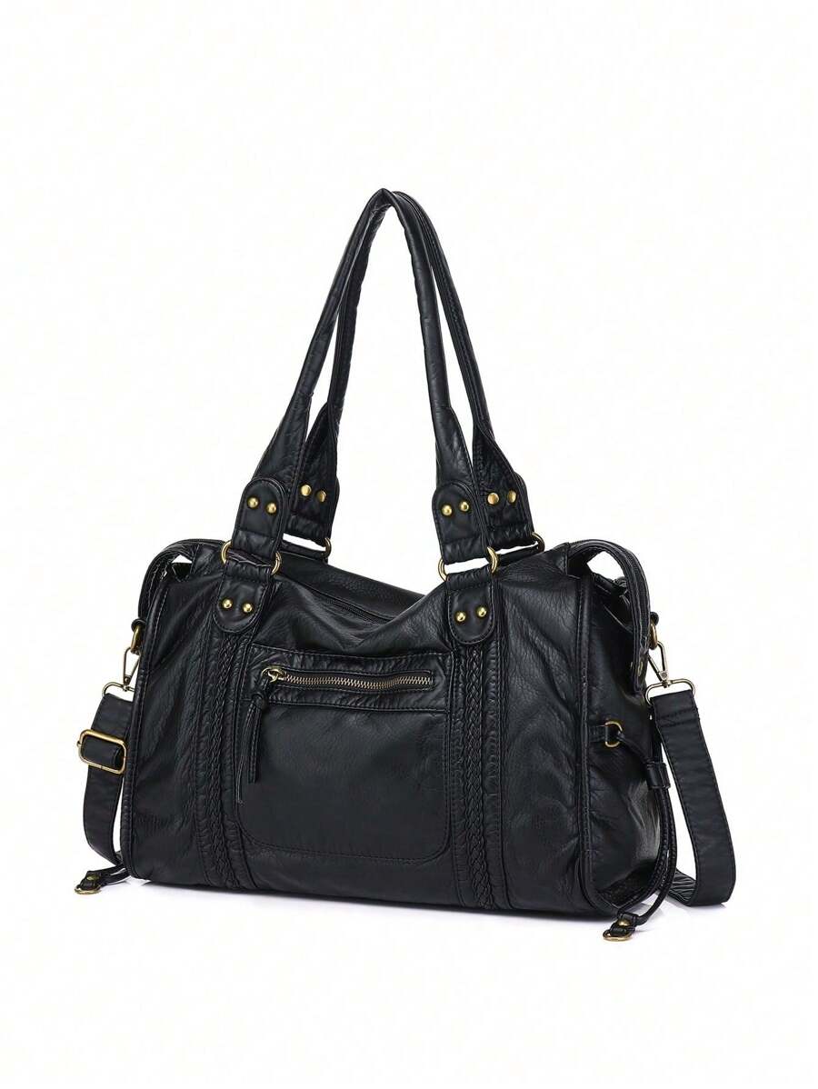 全新设计女士手提包水洗皮革托特包大容量钱包复古女士单肩包 - 黑色 - 查看 1