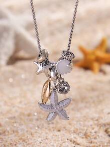 1 peça elegante e versátil colar de aço inoxidável com pingente de pérola, cristal e concha feito à mão para mulheres, adequado para praia, festa, viagem, ocasiões casuais