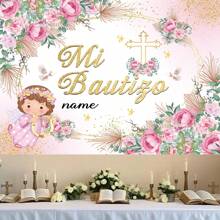 1pc Customizable First Baptism Party Banner, Polyester, Spring Floral Angel Design Photography Backdrop, Personalized Name In Spanish, Home Wall Cake Table Decor, 3 Sizes Available,Graphic Print