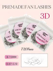 720Fans In One Box 3D Premade Fan Lashes 100% Handmade Pointybase Root 0.07mm Thickness In C D Curl ,8-15mm Length Available For Professional Eyelash Extensions