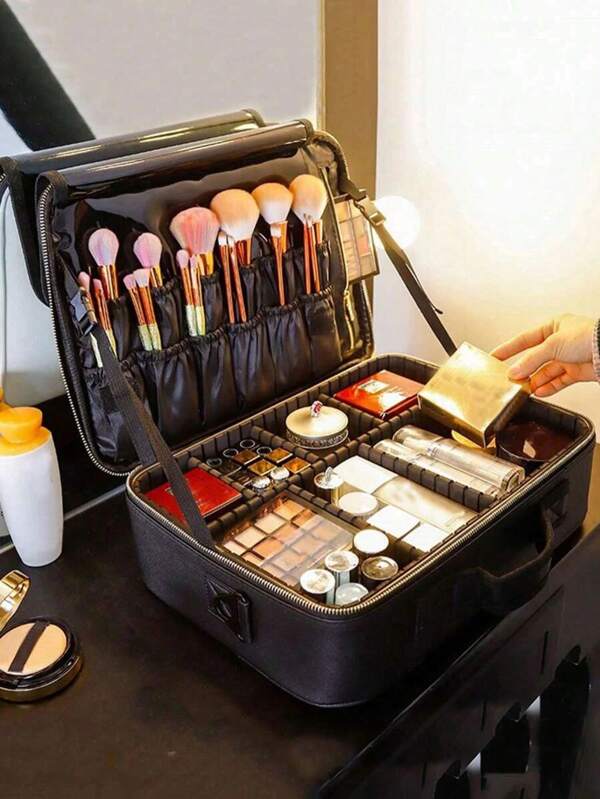 Multi-Function PU Leather Cosmetic Bag, Large Capacity Professional Divided Makeup Case With Dual Shoulder & Shoulder Strap, Suitable For Beauticians, Nail Technicians, Tattoo Artists, Makeup Artists Travel Essentials Travel Accessories Travel Must Haves Back To School Supplies