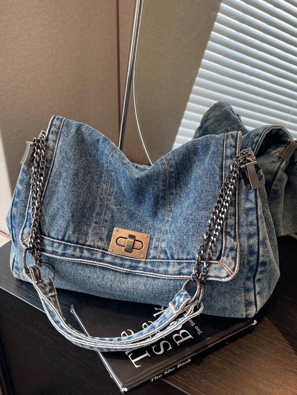 Bolsa de Ombro Denim de Grande Capacidade para Mulheres, Nova Bolsa Tote de Moda para Viagens, Bolsa Transversal Casual, Bolsa Escolar de Estudante, Bolsa de Viagem Diária Necessária, Bolsa Tote para Ir e Voltar