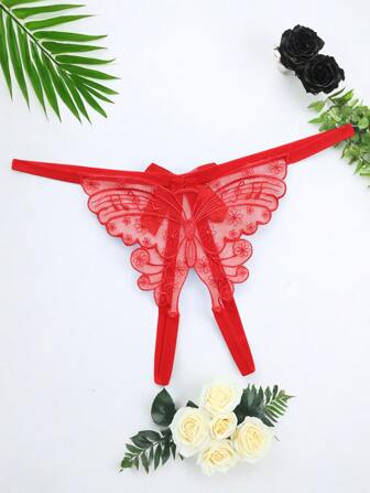 AB. Ropa interior sexy con mariposa bordada transparente, bragas de tiro bajo con abertura en la entrepierna y lazo, tanga de encaje, tentadora para salir