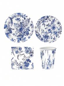 Juego de 100 piezas de vajilla desechable de porcelana azul y blanca, incluye platos, servilletas y vasos de papel para picnic primaveral, boda, fiesta, para 25 personas