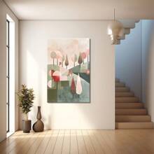 Arbres abstraits sur des collines aux couleurs pastel. Grande peinture murale encadrée en bois, décoration d'intérieur, peinture à l'huile - Chambre, salle de bain, salon, bureau, cuisine, cadeaux de Noël - 1 pièce