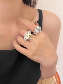 1 件时尚、优雅、独特设计的夸张海洋系列防水不对称人造海星和贝壳装饰珍珠堆叠戒指，适合男士和女士，非常适合夏季假期/日常/派对/沙滩装，送给朋友和姐妹的完美礼物 - 彩色 - 查看 8