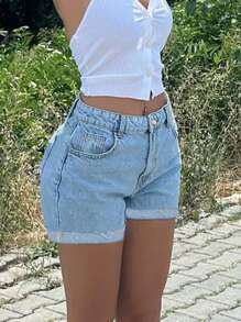 Top Simple Casual Basic Versatile Women's Mid-Waist Side Slit Denim Shorts