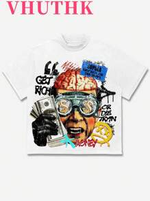 VHUTHK Double-Sided Printing (220 Pure Cotton T-Shirt)    Men's Summer Round Neck Short Sleeved Casual Pure Cotton Print    Y2k  Style