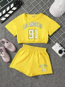 Set de 2 piezas de top holgado y shorts casual de estilo 2024 para niñas, de verano - Amarillo - Ver 2
