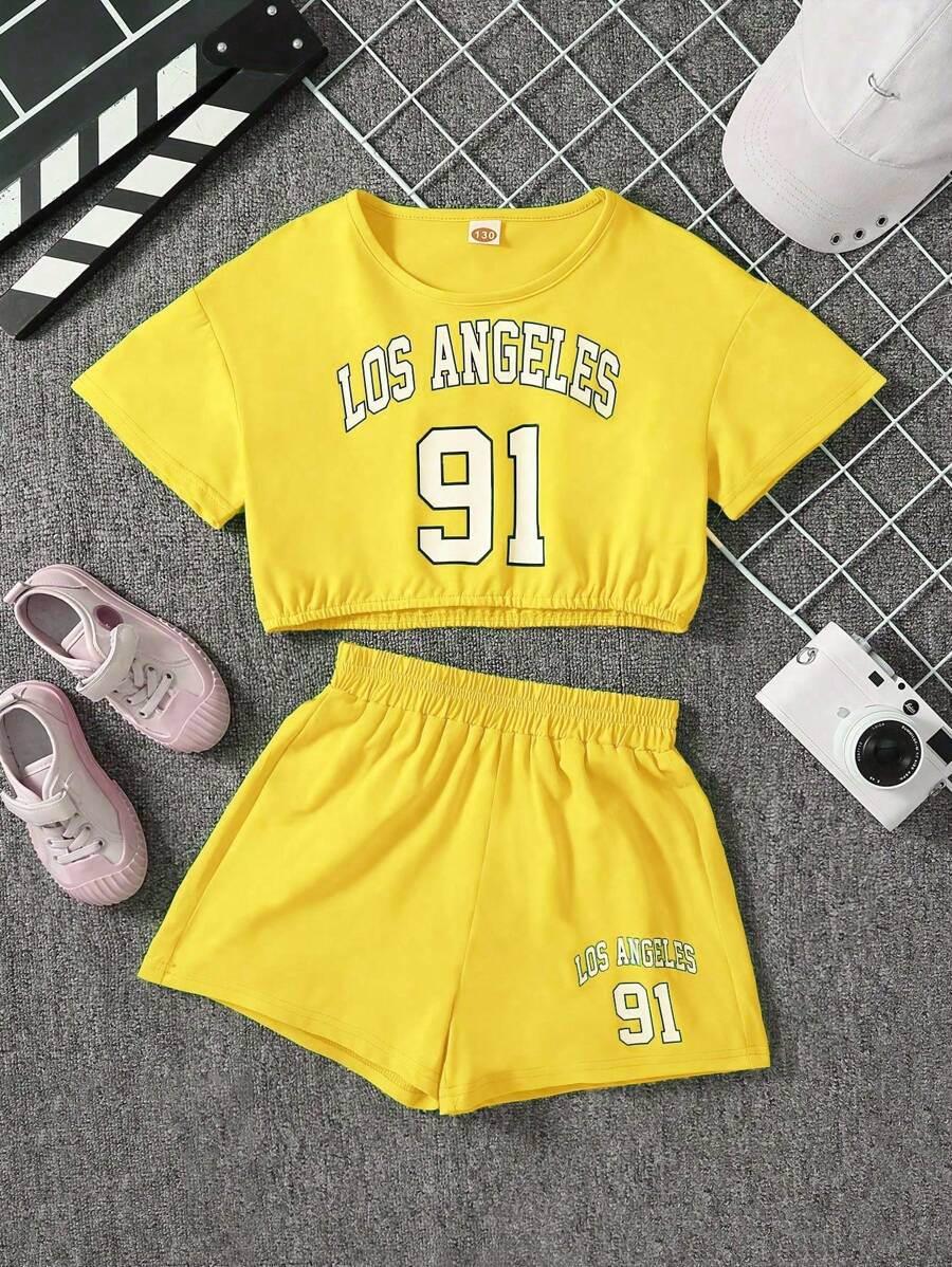 Set de 2 piezas de top holgado y shorts casual de estilo 2024 para niñas, de verano
