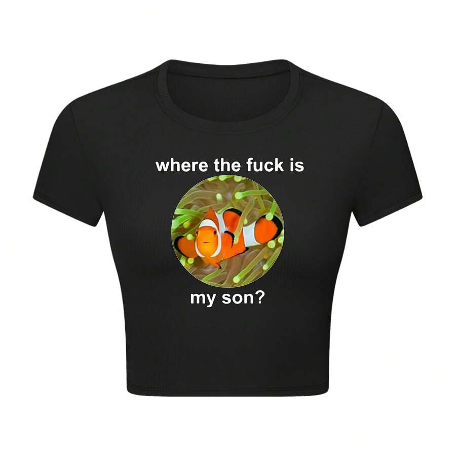 Where The F  K Is My Son  - Funny Clownfish Graphic Women's   Crop Top T-Shirt - 黑色 - 查看 1