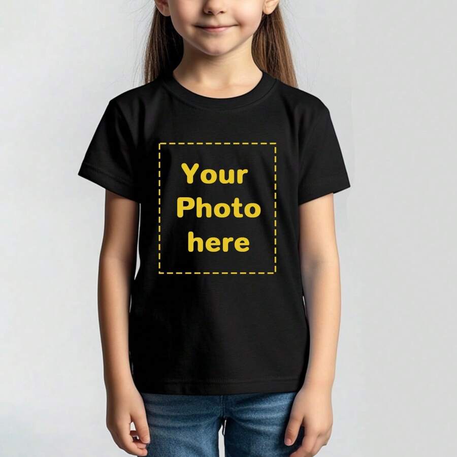 Customized Personalized Printing, Custom Photo Printing, Girls Kids T-Shirt Customization, Customize Your Selfie/Family/Friends/Pet Photos, Birthday/Anniversary/Holiday Pattern Customization, Team Uniforms/Outdoor Wear/Class Uniforms/Sports Jerseys Customization, Personalized Girls Kids Black Short Sleeve Round Neck T-Shirt Customization, Holiday Gifts, Gifts For Best Friends, Custom Birthday Gifts