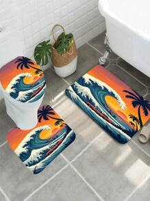 1 conjunto, patrón de ola, paisaje de puesta de sol, coche, tabla de surf, juego de 3 piezas de alfombra de baño de elementos diarios, alfombra de baño absorbente y lavable, alfombra de baño antideslizante, tapa de inodoro, alfombra de baño gruesa y suave, ducha, cocina, lavandería, baño, sala de estar, dormitorio, alfombra de interior, accesorio de decoración del hogar