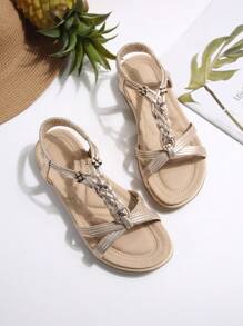 2025新款舒适后绑带甜美波西米亚风时尚透气圆头软底女士平底凉鞋，简约纯色水钻休闲沙滩露跟防滑耐磨平底鞋；串珠春夏度假风复古软底星交叉绑带欧美凉鞋