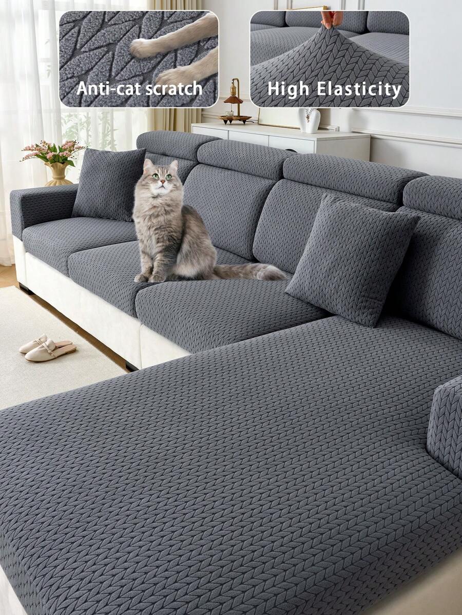 1 件四季提花毛绒防滑沙发垫套，柔软亲肤现代风格弹力沙发套，防宠物春秋沙发座椅保护套适合 L 型和 1/2/3/4 座沙发 - 深灰色 - 查看 1
