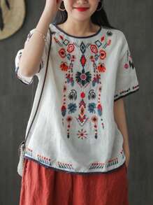 Women's Embroidered Blouse Cotton Linen Short Sleeve Peasant Boho Mexican Tunic Top Casual T Shirt - trắng - Xem 1