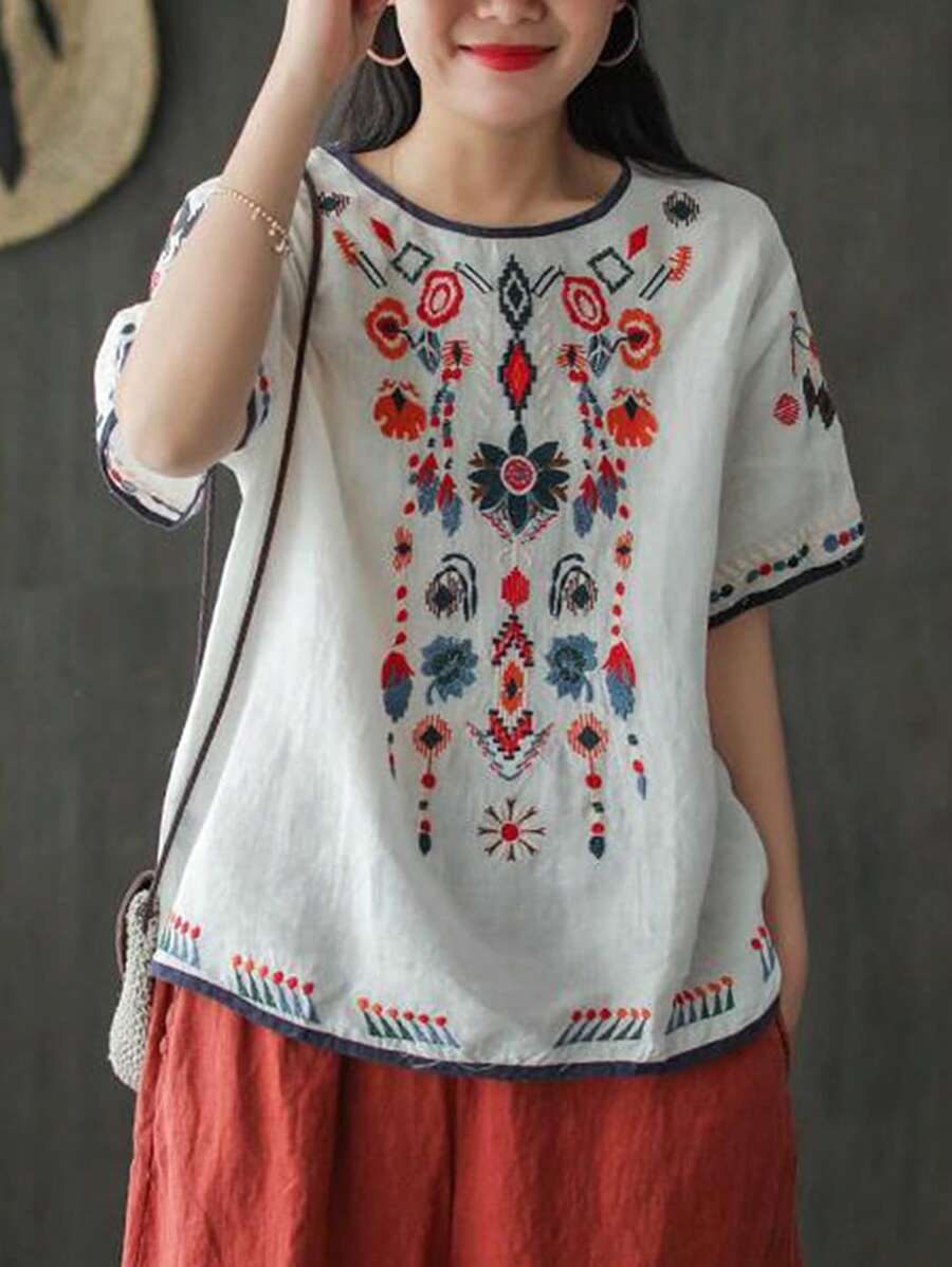 Women's Embroidered Blouse Cotton Linen Short Sleeve Peasant Boho Mexican Tunic Top Casual T Shirt - trắng - Xem 1