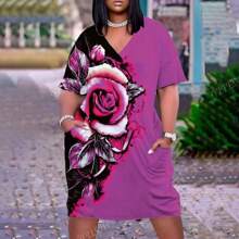 Plus Size Women V-Neck Mid-Length Floral Casual Loose Popular Midi Dress, European & American Style