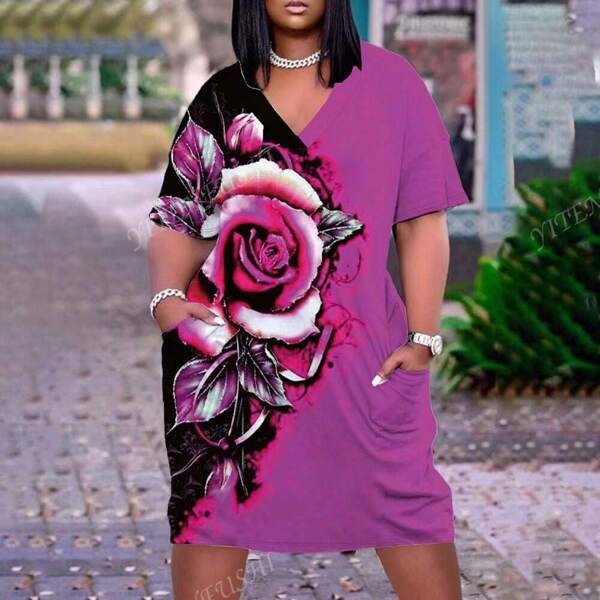 Plus Size Women V-Neck Mid-Length Floral Casual Loose Popular Midi Dress, European & American Style