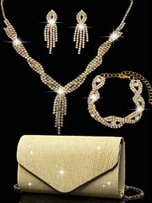 Ensemble de bijoux en strass pour femmes, ensemble de bijoux étincelant comprenant un collier, des boucles d'oreilles, un bracelet en or scintillant. Sac enveloppe pliant en V scintillant, portefeuille scintillant, sac à main élégant pour banquet, sac à main pour bal de promo pour femmes, sac à bandoulière en métal pour mariage et soirée, nouveau sac de soirée pour banquet
