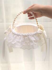 1PC Western Style Wedding Supplies Pearl Fabric Flower Girl Flower Basket Bridesmaid's Carrying Basket Wedding Hall Decoration