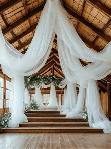 1 件白色网状婚礼拱门装饰窗帘，波浪薄纱窗帘白色悬挂背景装饰挂布适用于浪漫婚礼仪式拱门，经典涤纶装饰，适用于订婚、婚礼活动背景、婚礼场地装饰 - 白色 - 查看 5