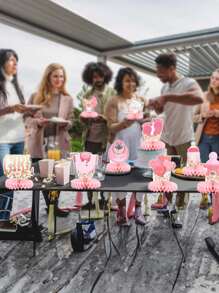 9pcs Pink Honeycomb Decor Set For Baby Girl Gender Reveal Party, Floral Pattern, Suitable For Party Table Decoration, Baby Shower Announcement, Etc. - Pink - View 3