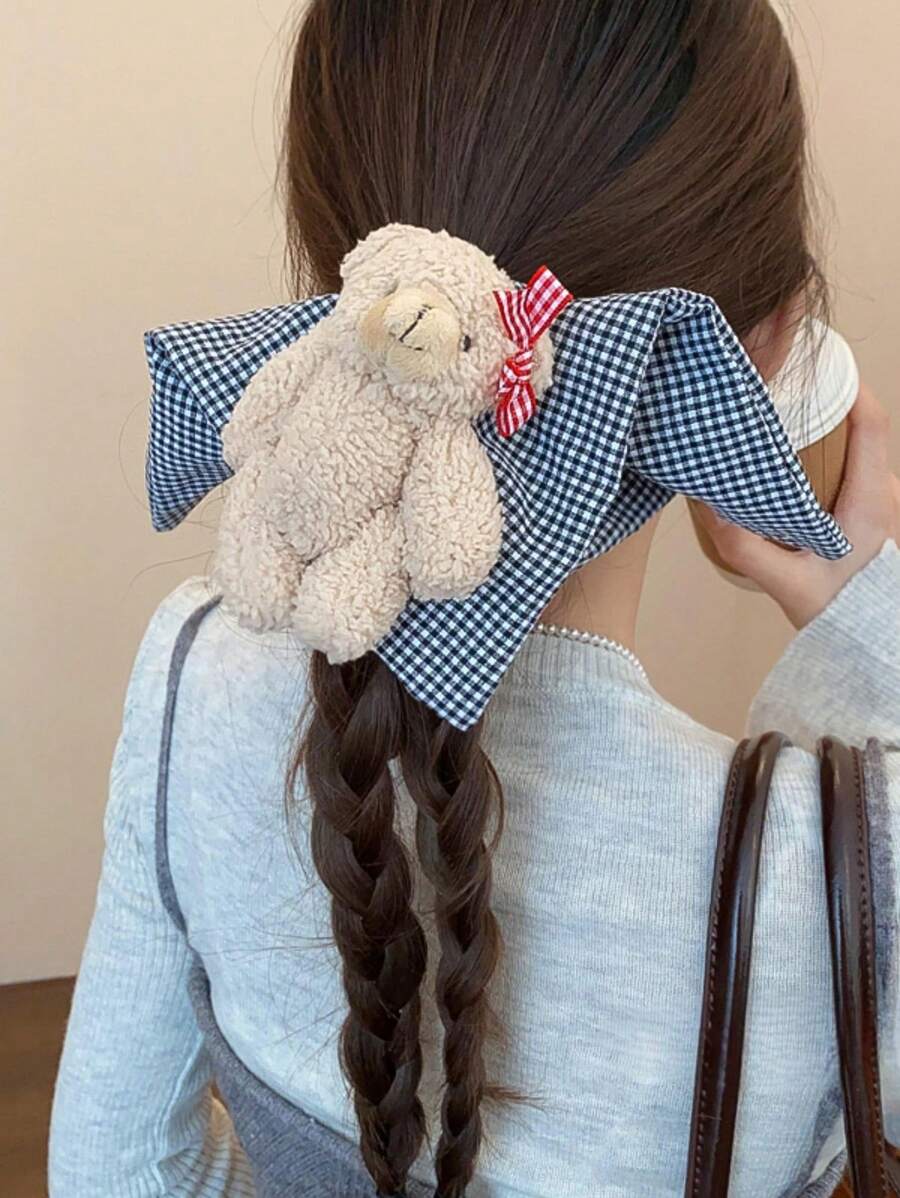 1pc Girls Plaid Bear Minimalist Fashion Cute Scrunchie, Ponytail Holders Hair Accessories - Multicolor - View 1