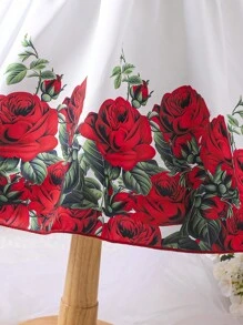Young Girls Rose Pattern Decorative Waist Round Neck Summer Dress - Red - View 6