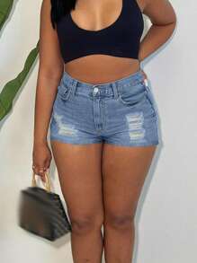 Women's Simple Stylish Slimming Ripped Black Denim Shorts - Medium Wash - View 1