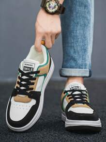 Men's Fashionable Colorblock Letter Lace-Up Low-Top Thick Sole Sneakers, & Personalized For Youth Outdoor Lightweight Comfortable Casual Skate Shoes