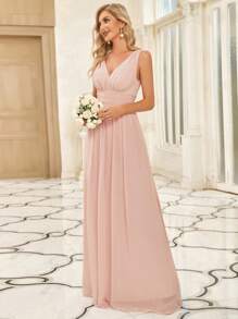 Gaun Bridesmaid Formal Panjang Berwarna Merah Muda Terang dengan Kerah V Tanpa Lengan dan Hiasan Ruffle dari Chiffon yang Elegan, Cocok untuk Pernikahan dan Upacara Wisuda, Gaun Tamu Pernikahan Musim Semi/Panas - Baby Pink - View 5