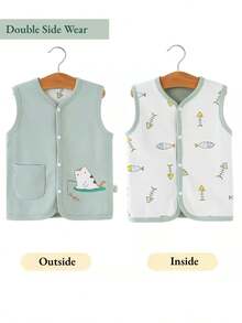 Frühling Sommer Baby Baumwoll-Weste mit Doppelseite zum Tragen, mit Tasche, süße Stickerei Weste/Jacke