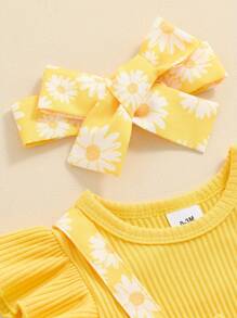Newborn Girl Outfit, Fly Sleeve Flower Print Bow Patchwork Romper With Hairband Summer Clothes - 黃色 - 查看 4