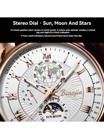 1pc PU Leather Strap Classic Three Eye Large Dial High End Business Quartz Watch, Wear view 3