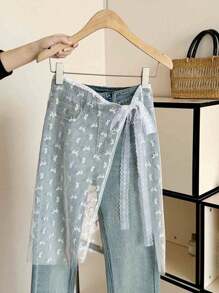 1pc Women Slip Underskirt, Detachable Waist Tie Net Mesh Skirt Swimwear Cover Up With Ditsy Floral Embroidery Lace Trim