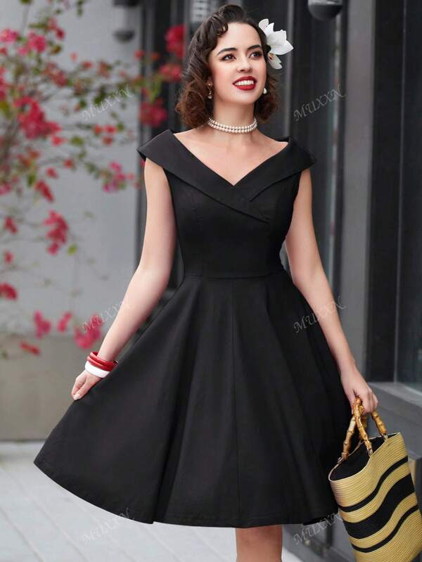 MUXXN Vestido de línea A vintage de los años 50, con cuello en V, casual, para trabajo, cóctel y fiesta, estilo swing