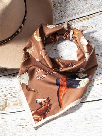 1pc Women's Fashionable Western Pattern Cowboy-Style Headscarf Wrap - Versatile Hat With Cow & Horse Graphics, Made Of Polyester, Suitable For Daily Fashion,Hair Accessories Head Bandana Fall Winter Headbands For Women Hair Band For Vacation Outfits Woman