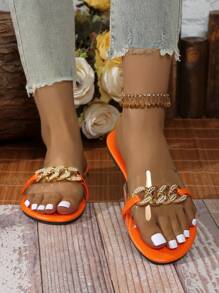 Sandálias femininas, slides da moda, sandálias de tira transparente, decoração de corrente dourada, bico redondo, sandálias casuais antiderrapantes, adequadas para praia, férias, rua e uso casual diário