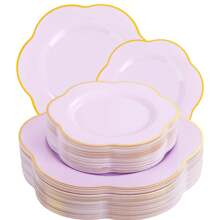 50PCS Purple Plastic Plates-Heavy Duty Lavender Purple Disposable Plates-Purple And Gold Plastic Plates - 25PCS Purple Dinner Plates,25PCS Purple Dessert Plates For Easter&Baby Shower Gifts - 淺粉色 - 查看 1