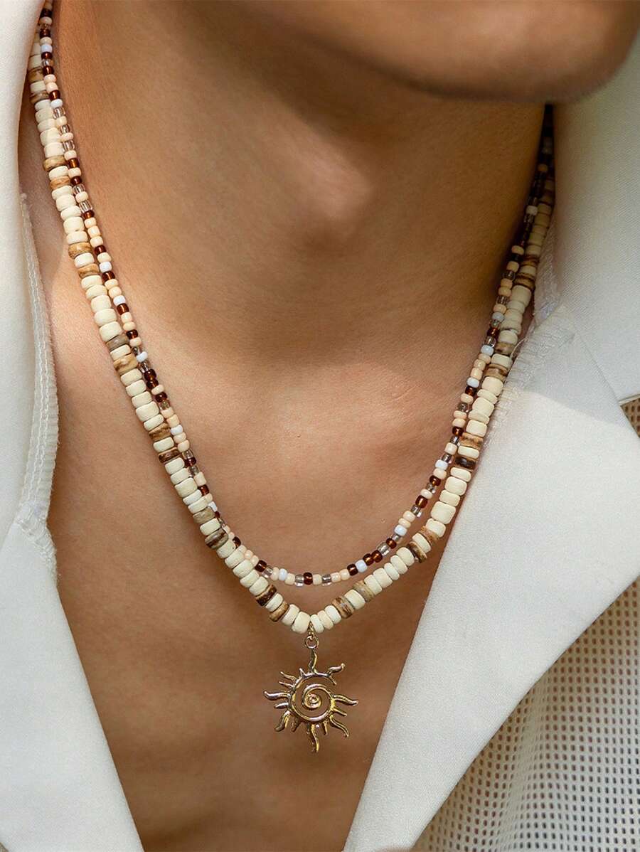 1 件/2 件冲浪者贝壳海星项链，时尚波西米亚风假日串珠项链，男士简约太阳吊坠锁骨链，日常穿着和派对礼物配饰