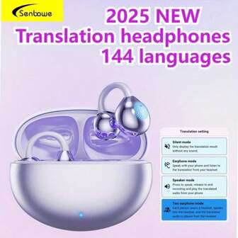 SENBOWE 2025 新款 AI 语言翻译耳机，三合一无夹翻译耳机，144 种语言实时双向翻译设备，高清音质，长续航，智能降噪，230mAh