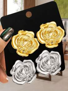 4pcs/Set Stylish Gold & Silver Plated Earrings Jewelry Set, Women Girls Party Daily Wear Gift