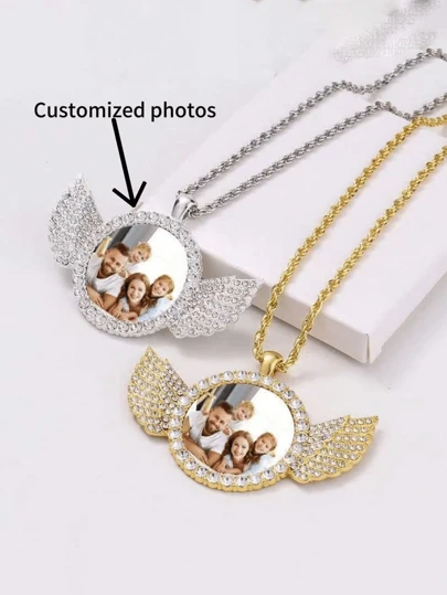 1Pc Custom Angel Wings Necklace Necklace, Personalized Picture Necklace, Personalized Customize Any Photo You Want, Anniversary Jewelry Gift, Dainty Necklace, Minimalist Necklace, Custom Necklace Commemorative Gift For Couples, Friends And Family