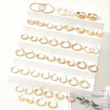 Juego de 24 piezas de pendientes de mujer de metal simple de moda, set de pendientes aro con geometría y perla artificial, adecuado para uso diario, vacaciones, regalo, empaquetados con tarjeta de papel y bolsa