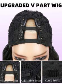 Peluca de cabello sintético de 28 pulgadas, estilo ondulado, con parte central en V, sin pegamento, con clip, media peluca para niñas, aspecto natural para uso diario y selfies - Negro - Ver 5