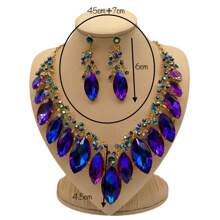 1套女士陳述裝飾項鍊及耳環套裝,多巴胺色短粗頸鏈水晶雞尾酒婚禮項鍊 - 藍色 - 查看 6