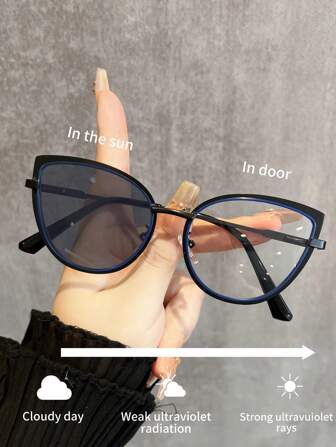 1 pieza Gafas de moda multifuncionales para mujer con montura de metal de ojo de gato, fotocromáticas, cambian de color con la luz, protección contra rayos -X para uso en computadoras, versátiles y elegantes para verano, playa, vacaciones y viajes