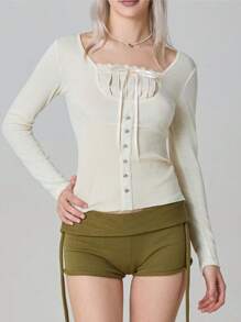 Women's Y2K Fairycore Shirt Top Vintage Lace Trim Square Neck Long Sleeve Button Down Ribbed T Shirts Tops Solid Color Slim Fit Tees Summer Blouses Casual Going Out Tops Aesthetic Clothes Streetwear - 白色 - 查看 6